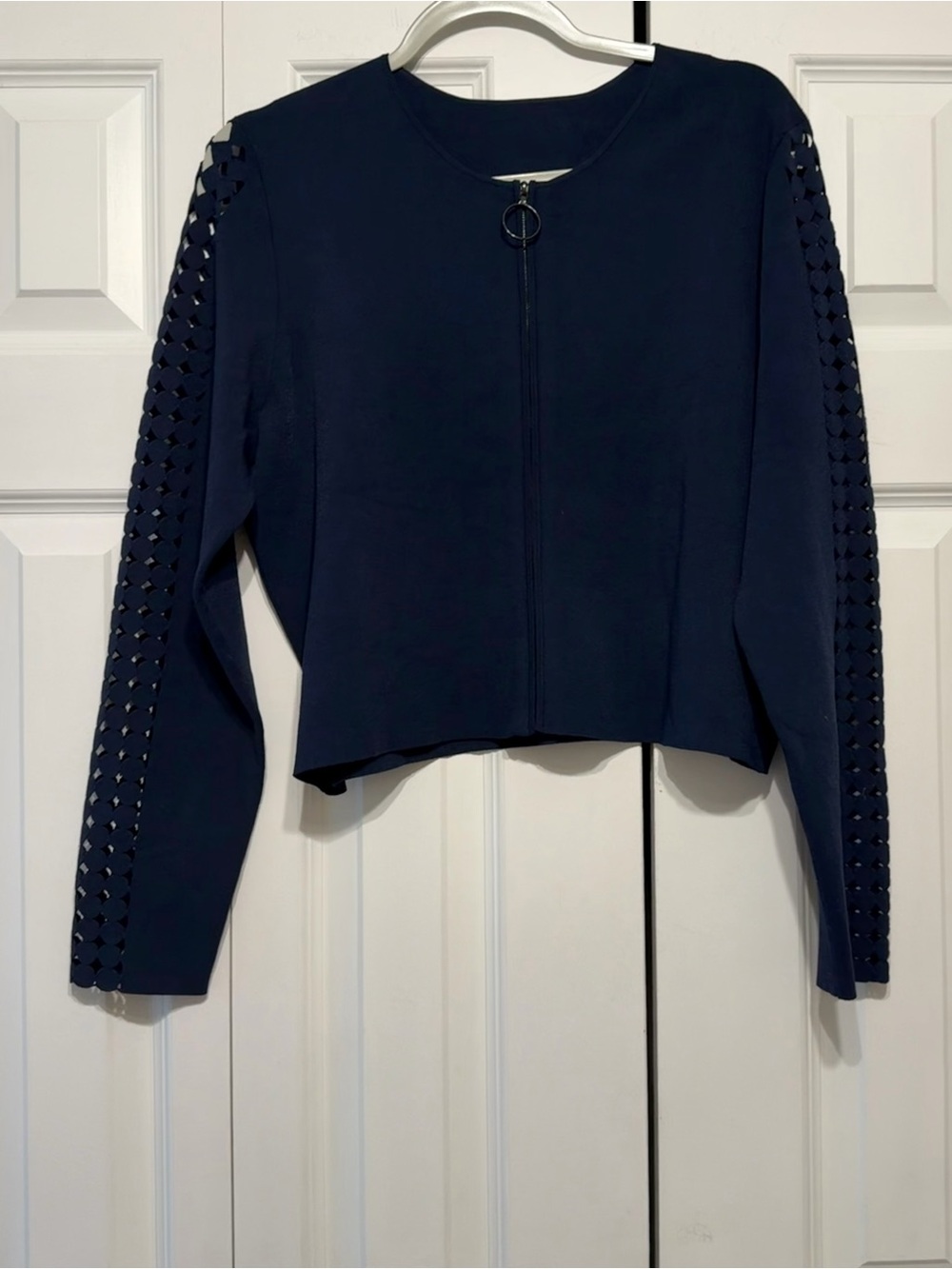 Akris Punto Navy Dot Lace Cutout Sleeve Cropped Zip Cardigan L